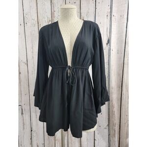 Blue Life Womens XS Black Bell Sleeve Deep V Tie Neck Romper Jumper Playsuit EUC